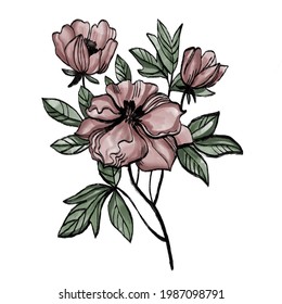 Interior poster with ink drawing of peonies in freehand sketch style isolated on white background. Digital illustration in the style of hand drawing with ink, charcoal, pencil.