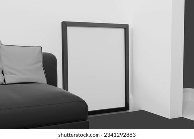 Interior poster mock up with empty black frame, 3d rendering. 3D Illustration