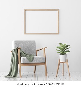 Interior Poster Mock Up With Horizontal Empty Wooden Frame, Gray Armchair And Tree In Wicker Basket In Room With White Wall. 3D Rendering.