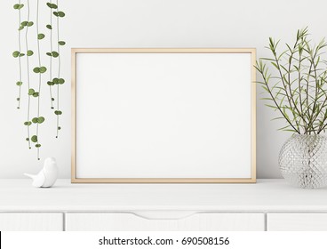 Interior poster mock up with horizontal metal frame and plants in vase on white wall background. 3D rendering. 