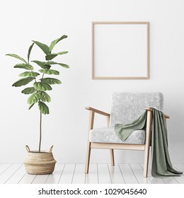 Interior Poster Mock Up With Square Empty Wooden Frame, Gray Armchair And Tree In Wicker Basket In Room With White Wall. 3D Rendering.