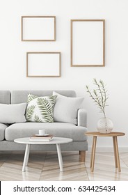 Interior Poster Mock Up With Three Frames Composition On The Wall In Scandinavian Style Livingroom. 3d Rendering.