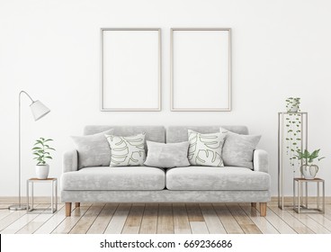 Interior Poster Mock Up With Two Metal Vertical Frames On The Wall In Scandinavian Style Livingroom. 3d Rendering.