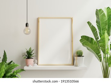 Interior Poster Mock Up With Vertical Empty Wooden Frame,Scandinavian Style,3d Rendering