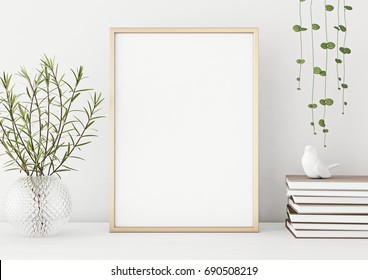 Interior poster mock up with vertical metal frame and plants in vase on white wall background. 3D rendering. 