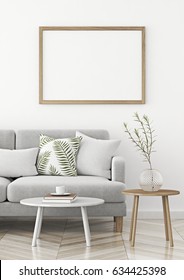 Interior Poster Mock Up With Wooden Horizontal Frame In Scandinavian Style Livingroom. 3d Rendering.