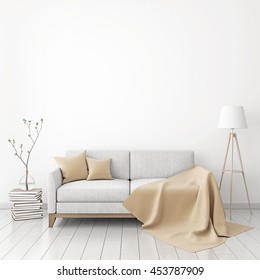 Interior poster mock-up with fabric sofa, plaid and pillows on white wall background. 3D rendering.