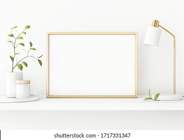 Interior Poster Mockup With Horizontal Gold Metal Frame On The Shelf With Green Tree Branch In Vase And Desk Lamp On Empty White Wall Background. A4, A3 Size Format. 3D Rendering, Illustration.