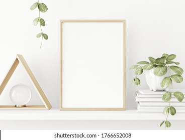 Interior Poster Mockup With Vertical Wooden Frame On The Shelf With Green Plant In Pot And Trendy Decoration On Empty White Wall Background. A4, A3 Size Format. 3D Rendering, Illustration.