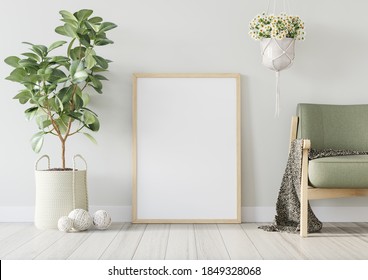 Interior poster mockup with vertical wooden frame decorated with big green plant in woven planter and hanging pot with white flowers. Modern green chair with blanket. 3D rendering. 3D Illustration. - Shutterstock ID 1849328068