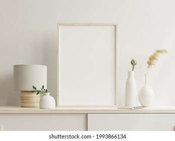 Interior Poster Mockup With Vertical Wooden Frame In Home Interior Background On Cabinet,3D Rendering