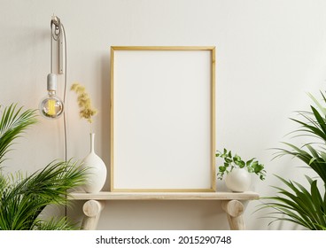 Interior Poster Mockup With Vertical Wooden Frame In Home Interior Background,3D Rendering