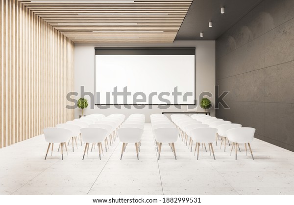 Interior of a presentation room with white\
chairs and blank screen. Conference and presentation concept. Mock\
up. 3D\
Rendering