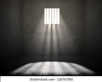 Interior Of A Prison Cell With Light Shining Through A Barred Window