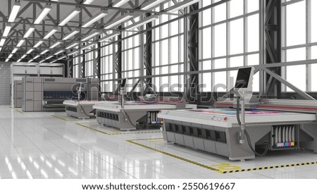 Interior of a production facility with wide format industrial UV plotters and printers. 3d illustration