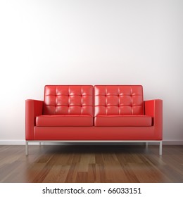 Interior Of Red Leather Couch In A White Room
