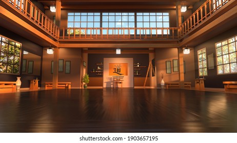 Interior Rendering of a Karate Dojo with Japanese Modern Style - Shallow Depth of Field - 3D Illustration.  Symbol on Wall Translates to "The Way".