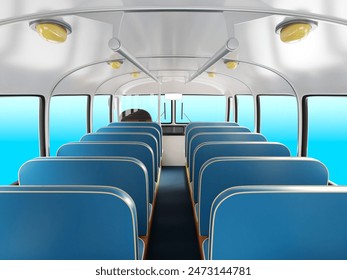 Interior of a retro old bus featuring blue and white seats, the windows show the sea, 3d render illustration. 3D Illustration