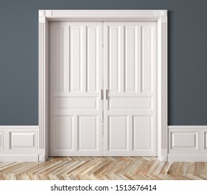 Interior Of A Room With Classic White Double Sliding Raised Doors Against Blue Wall 3d Rendering