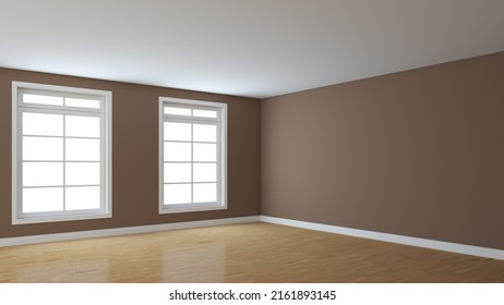 Interior Room Corner with Brown Walls, Two Large Windows, Light Glossy Parquet Floor and a White Plinth. Perspective View. 3d rendering with a Work Path on the Windows. 8K Ultra HD, 7680x4320, 300 dpi