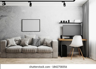 Interior of a room with gray sofa and table with PC and white chair, gray concrete wall, track lights on ceiling, home interior, work from home concept, 3d illustration