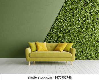 Interior Of Room With Green Wall Of Vertical Gardens And Sofa, 3D Illustration, Rendering.