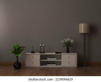 Interior Room Mockup With Khaki Wall, Old Desk, Floor Lamp, And Plant. 3d Rendering. 3d Illustration