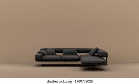 Interior Room With Monochrome Black And Glossy Leather Single Couch In Tan, Sienna Brown Color Room, Single Color Furniture, 3d Rendering, Poster Background