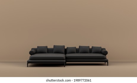 Interior Room With Monochrome Black And Glossy Leather Single Couch In Tan, Sienna Brown Color Room, Single Color Furniture, 3d Rendering, Poster Background