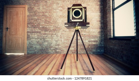 Interior room with old bellows camera on easel, daguerreotype, apartment, 3d illustration