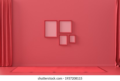 Interior room in plain monochrome dark red, maroon color, 4 picture frames on the wall without furniture and empty for poster presentation. 3D rendering