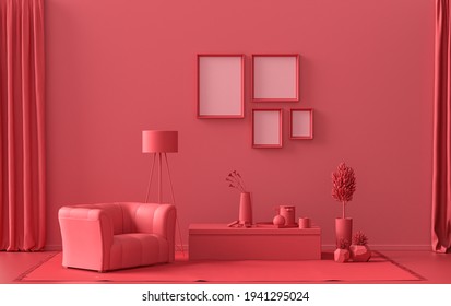 Interior room in plain monochrome dark red, maroon color, 4 picture frames on the wall with furnitures and plants for poster presentation. 3D rendering