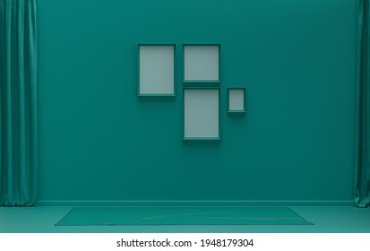 Interior Room In Plain Monochrome Dark Green Color, 4 Picture Frames On The Wall Without Furniture And Emptyfor Poster Presentation. 3D Rendering