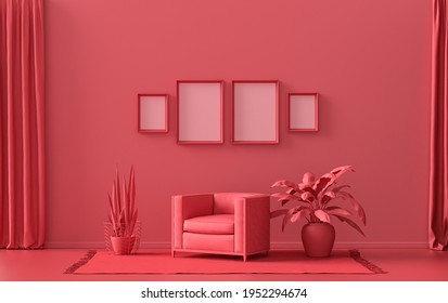 Interior Room In Plain Monochrome Dark Red, Maroon Color, 4 Picture Frames On The Wall With Single Chair And Plants For Poster Presentation. 3D Rendering