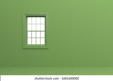 The Interior Of The Room In Plain Monochrome Green Color With Single Window. Green Background With Copy Space. 3D Rendering Illustration