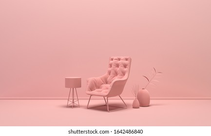 Interior room in plain monochrome light pink color with single chair, floor lamp and decorative vases. Light background with copy space. 3D rendering for web page, presentation or picture background