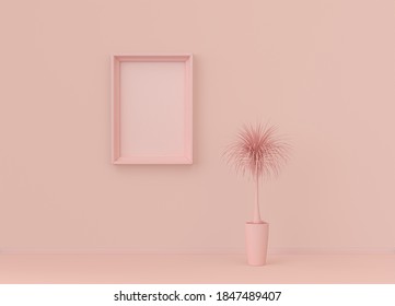 Interior Room In Plain Monochrome Light Pink Color With Single Plant And Single Picture Frame. Light Background With Copy Space. 3D Rendering, Poster Frame Mockup