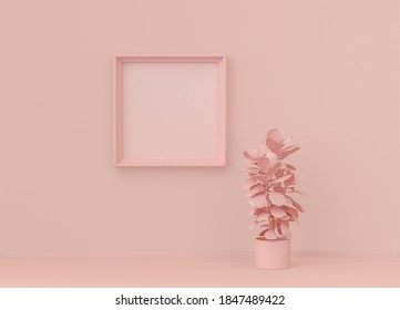 Interior Room In Plain Monochrome Light Pink Color With Single Plant And Single Picture Frame. Light Background With Copy Space. 3D Rendering, Poster Frame Mockup