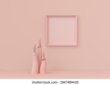 Interior Room In Plain Monochrome Light Pink Color With Single Plant And Single Picture Frame. Light Background With Copy Space. 3D Rendering, Poster Frame Mockup