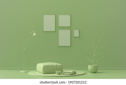 Interior Room In Plain Monochrome Light Green Color, 4 Picture Frames On The Wall With Furnitures And Plants For Poster Presentation. 3D Rendering