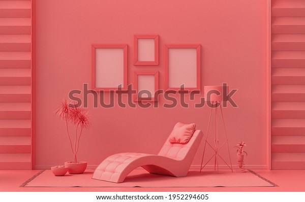 内部の部屋は 薄いピンクの白 ピンクがかったオレンジ色で 壁に4枚の絵枠があり 瞑想のベッド 家具 ポスタープレゼンテーション用の植物が付いています 3dレンダリング のイラスト素材