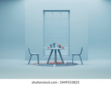 Interior of the room in plain monochrome pastel blue color with big window, table and chairs. Light background with copy space. 3D rendering for web page, presentation or picture frame backgrounds.	
 - Powered by Shutterstock