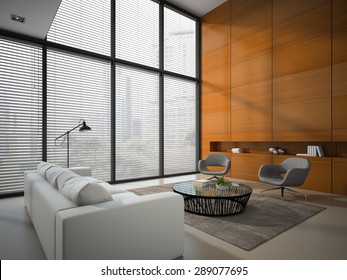 Interior Of The Room With Wooden Panel Wall 3D Rendering 