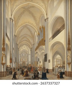 The Interior of Roskilde Cathedral by Ditlev Martens. People in vintage oil painting. Beautiful vintage artwork, oil painting.