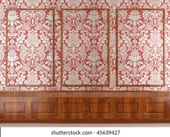 Interior scene of classic red wallpaper and wood molding wall with copy space ideal for background use, more images on this series in my portfolio
