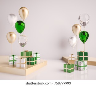 Interior Scene With Green And Gold Gift Boxes And Balloons. Realistic Glossy 3d Objects For Birthday Party Or Promo Posters Or Banners.