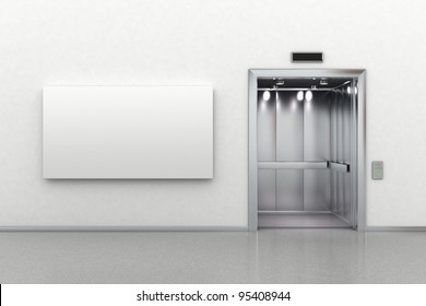 Interior scene of an open elevator and a blank billboard
