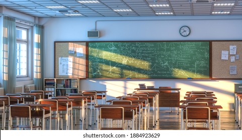 interior of a school classroom with wooden desks and chairs. nobody around. 3d render