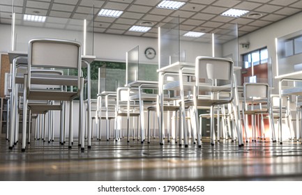 Interior Of A School With Desks Equipped With Protective Plexiglass Screens To Allow Social Distancing To Prevent Covid 19 Infection. 3d Render.