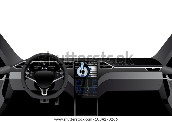Interior of self driving car with information\
display. Isolated on white\
background